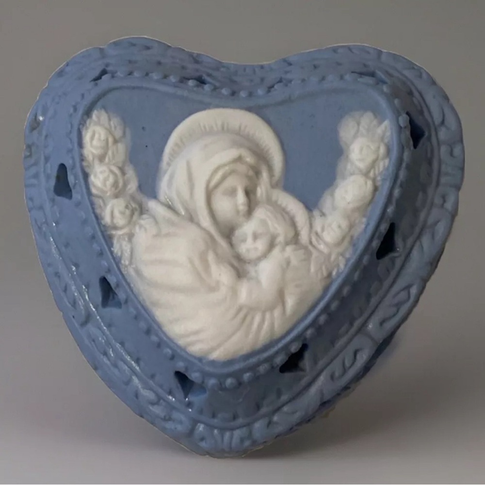 Vintage Ceramic Wedgwood Like Blue Holy Mother Child Heart Shape Trinket Box